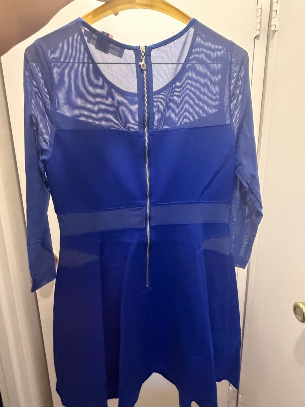 Blue Mesh Panel Long Sleeve Fit & Flare Dress